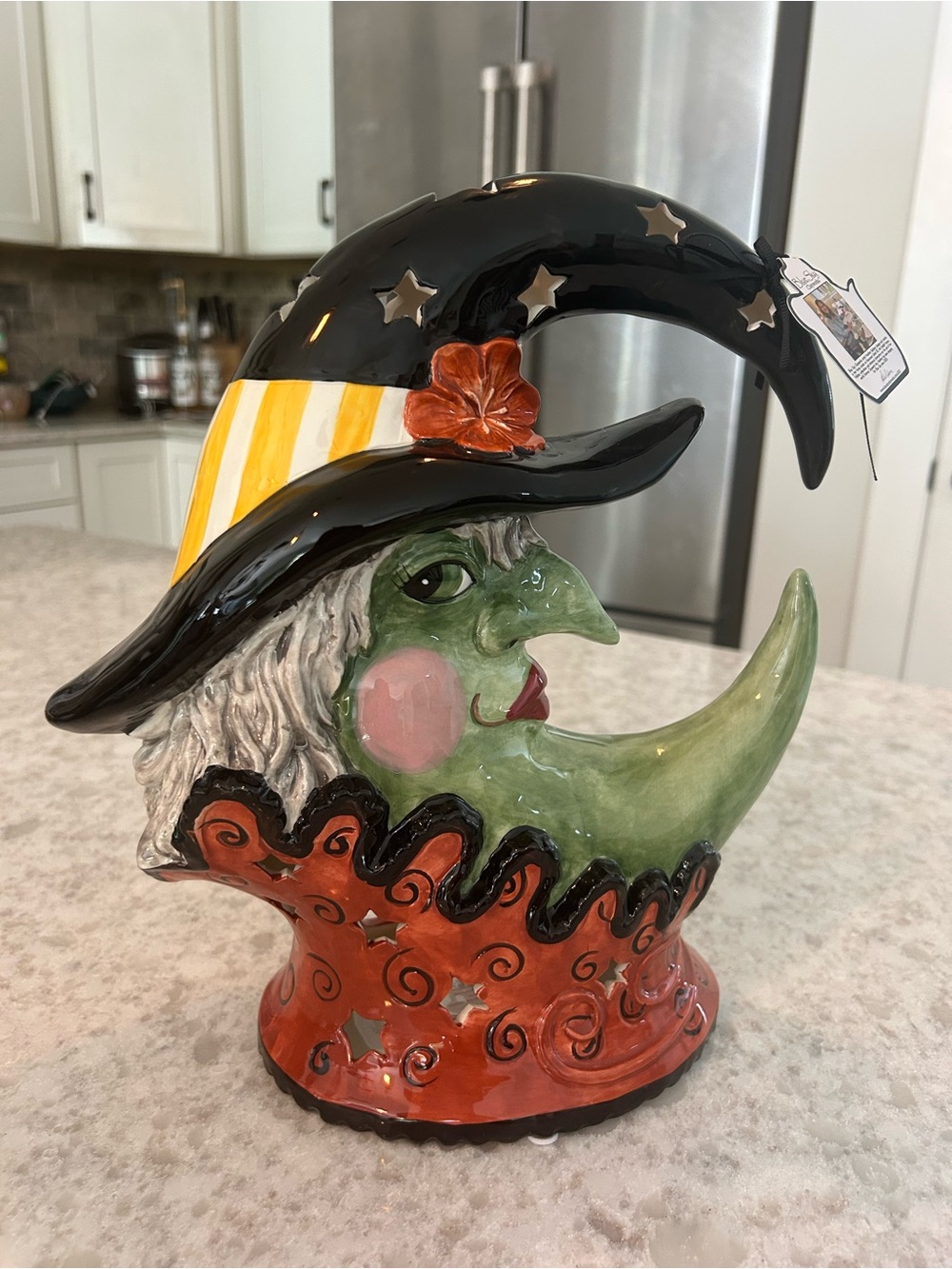 “New” Blue Sky Clayworks Whimsical Crescent Moon Witch Ceramic tea light holder